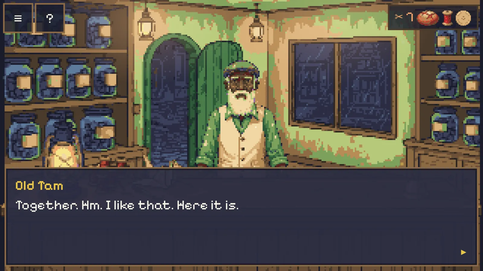 By evening: the pixel-art Mending Post counter